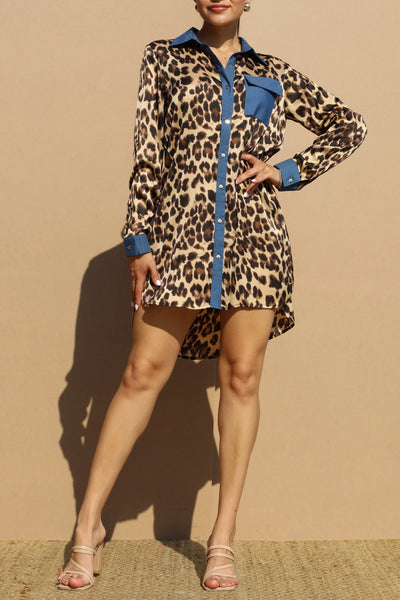 Leopard Button Down Satin Shirt Dress