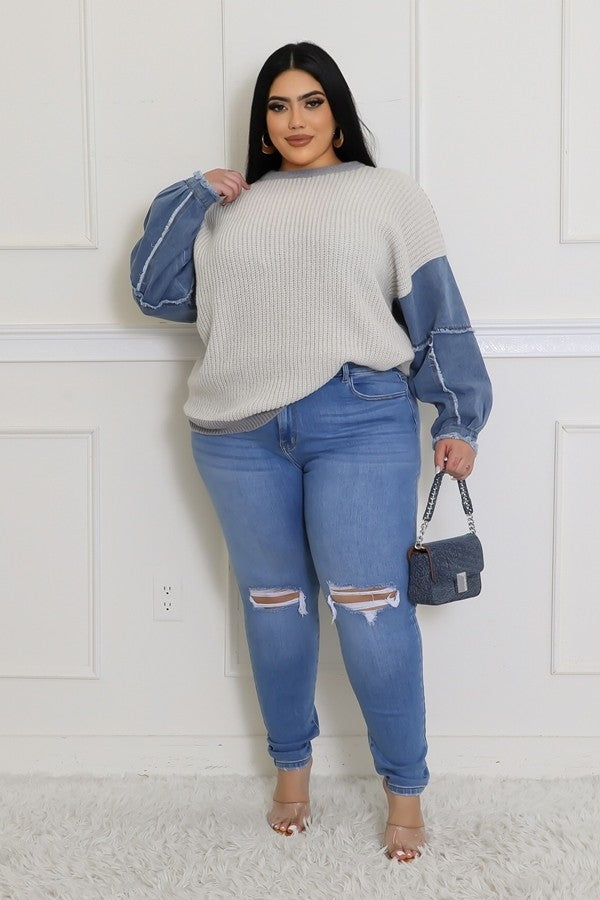 All About The Denim Sleeves Sweater - PLUS