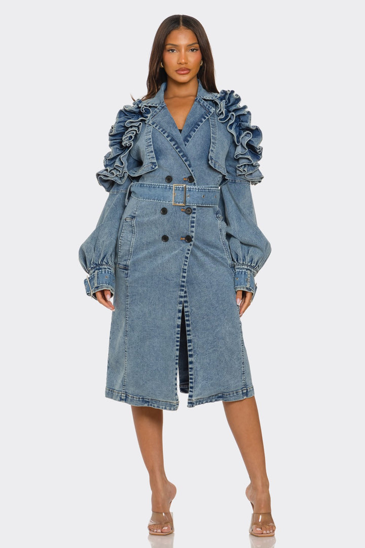 Amaria Denim Ruffle Detail Coat