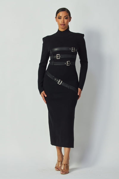 Buckle Detail Black Bodycon Midi Dress