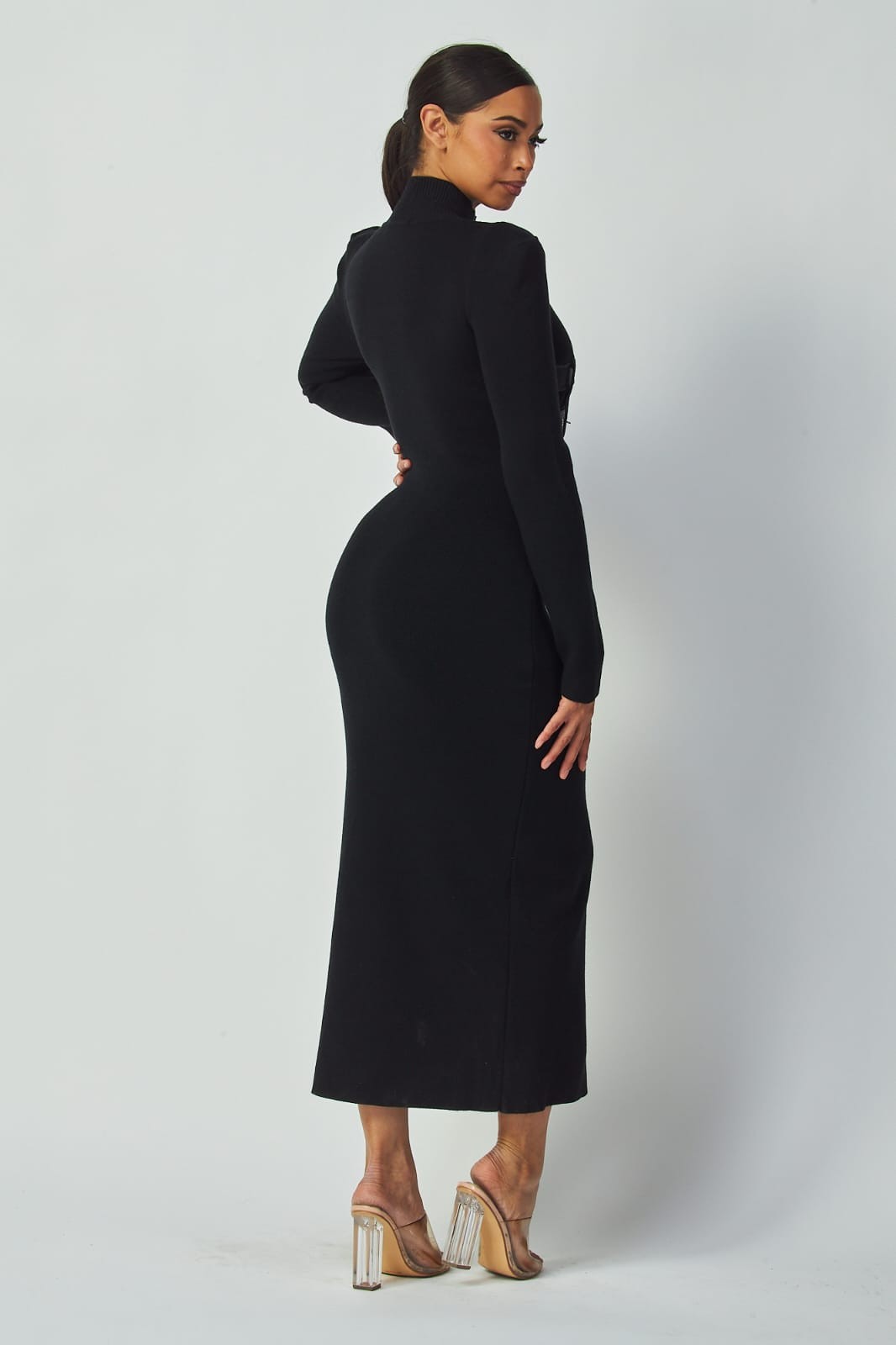 Buckle Detail Black Bodycon Midi Dress