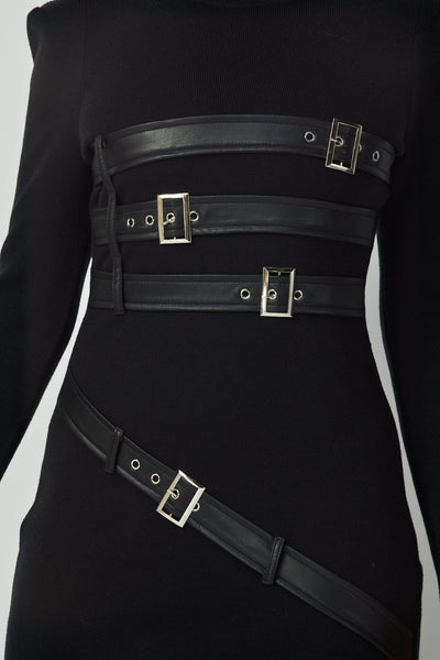 Buckle Detail Black Bodycon Midi Dress