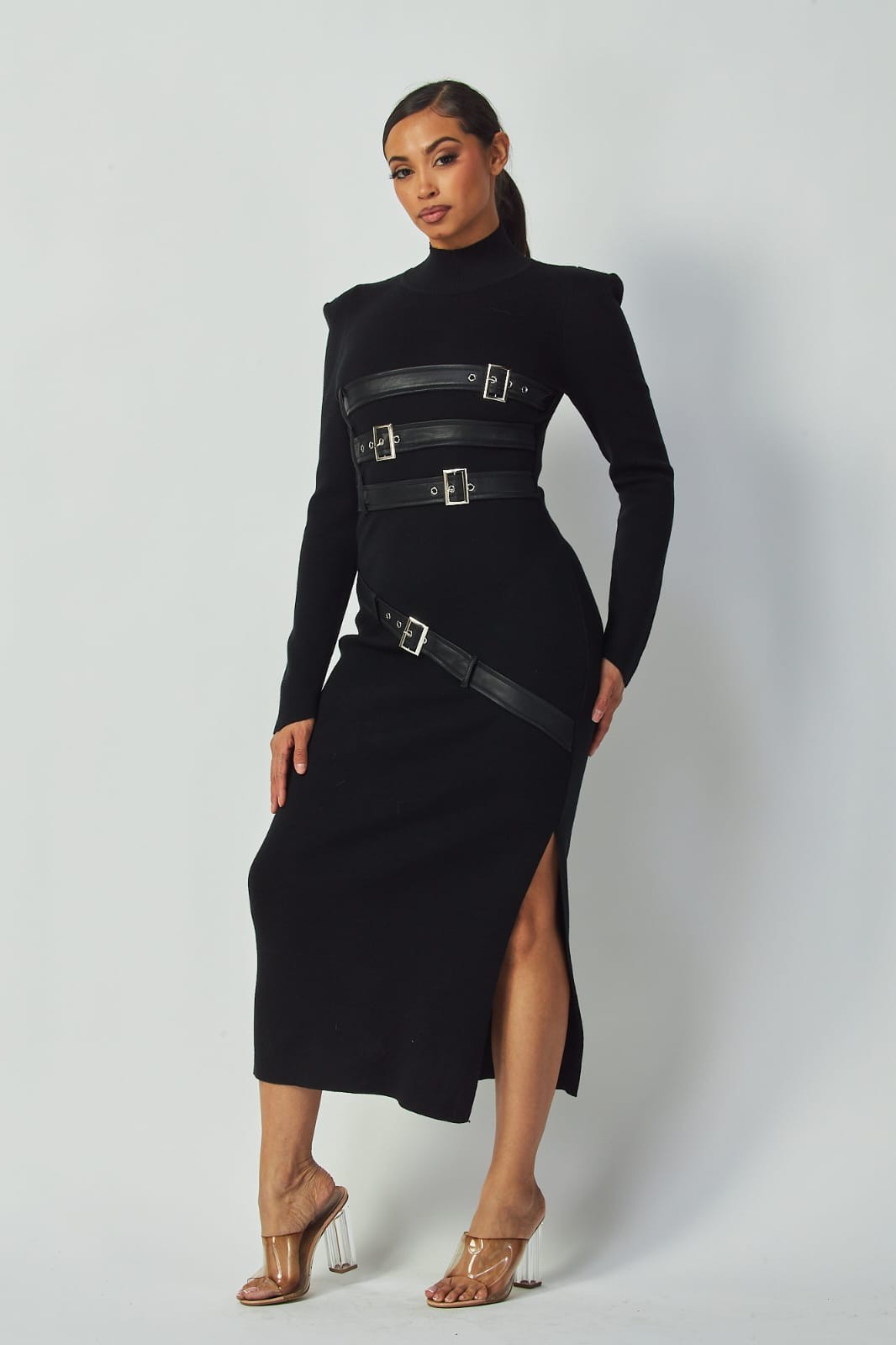 Buckle Detail Black Bodycon Midi Dress