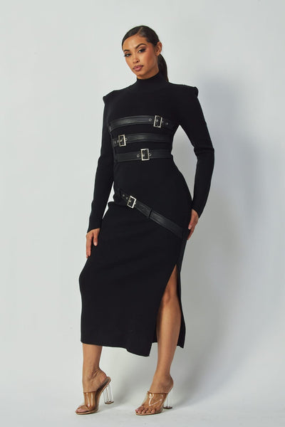 Buckle Detail Black Bodycon Midi Dress