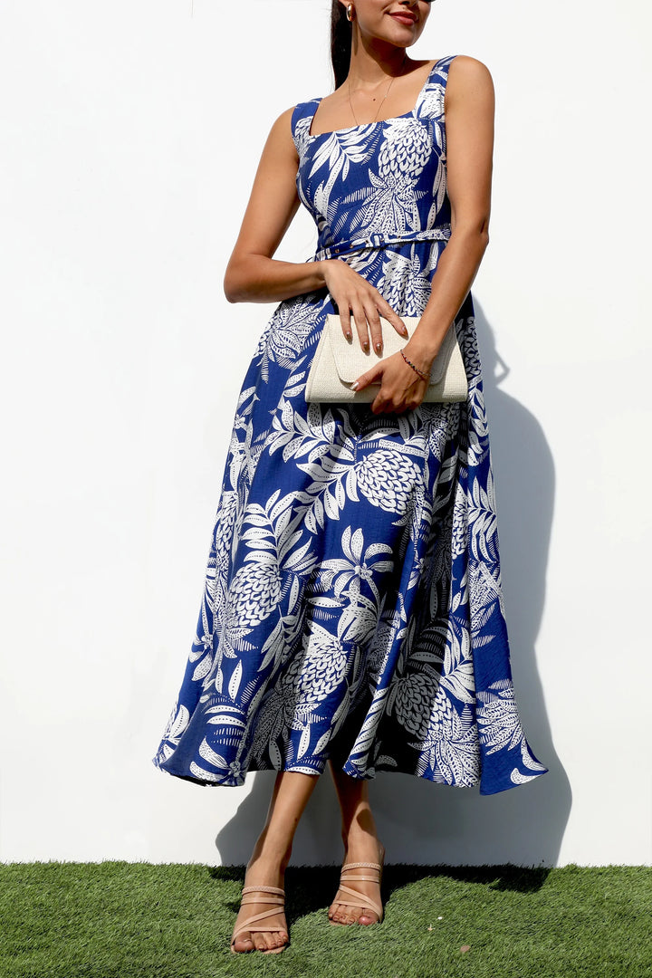 Floral Printed Square Neck Midi Dress