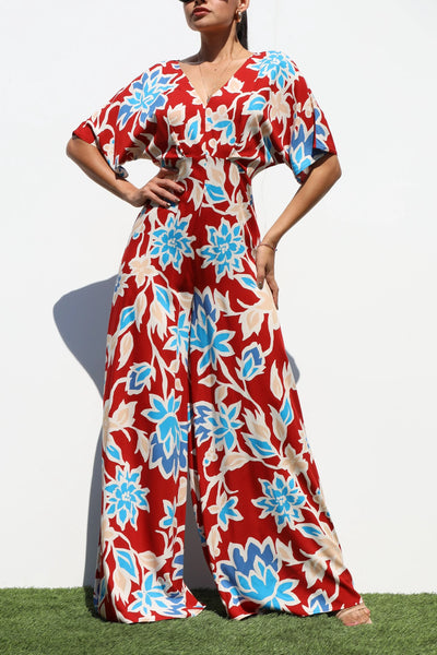 Floral Print Loose Fitting Maxi Jumpsuit