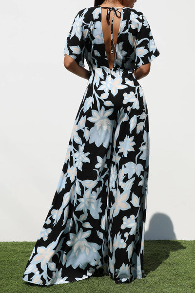Floral Print Loose Fitting Maxi Jumpsuit