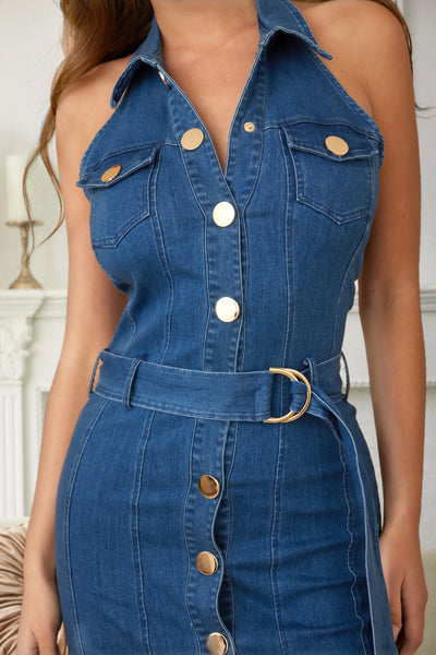 Chic Halter Denim Stretch Mini Dress