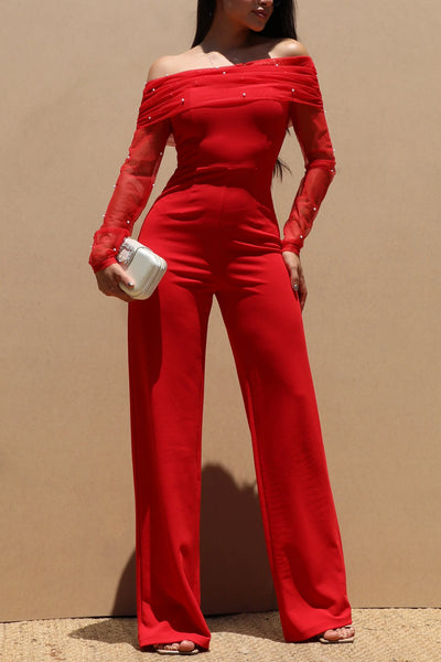Off-Shoulder Black Mesh Sleeve Jumpsuit