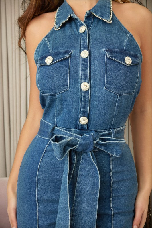 Fashion Jewel Button Halter Jumpsuit