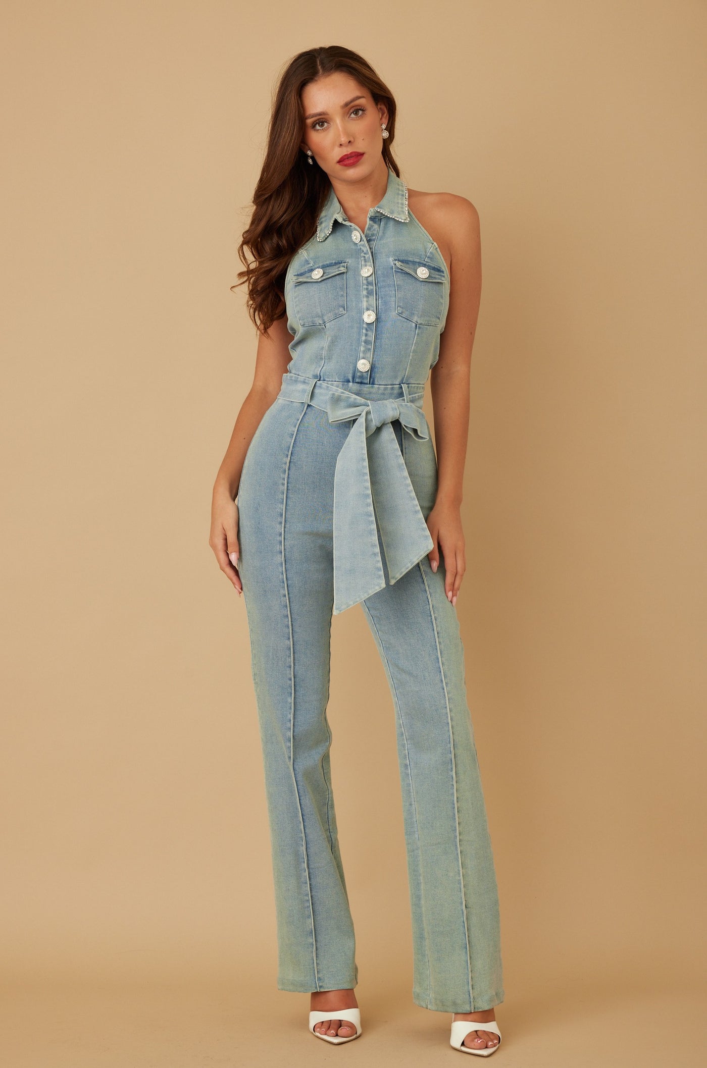 Fashion Jewel Button Halter Jumpsuit