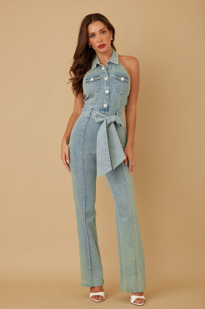 Fashion Jewel Button Halter Jumpsuit