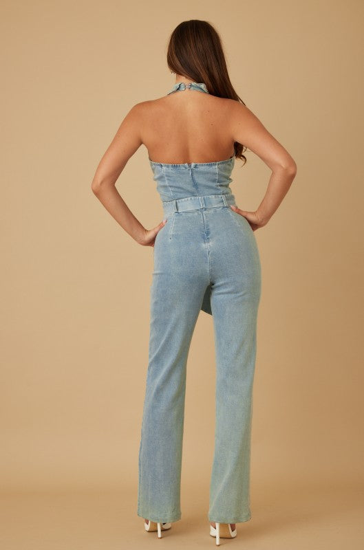 Fashion Jewel Button Halter Jumpsuit