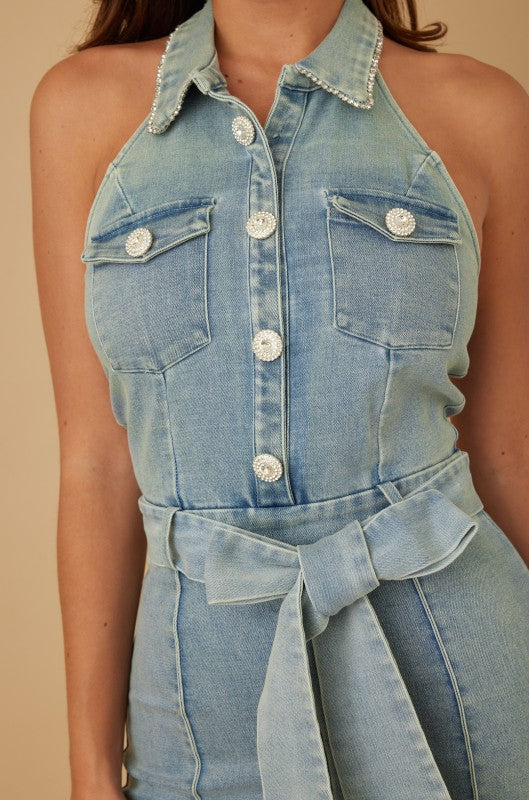 Fashion Jewel Button Halter Jumpsuit