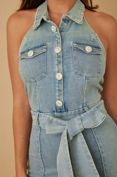 Fashion Jewel Button Halter Jumpsuit