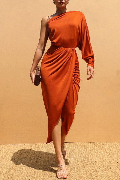 Rust Serenity One-Shoulder Midi Dress