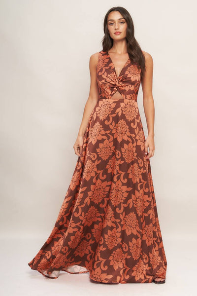 Satin Multi Print Cut Out Maxi Dress