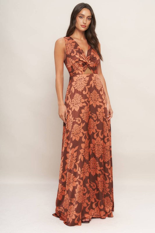 Satin Multi Print Cut Out Maxi Dress