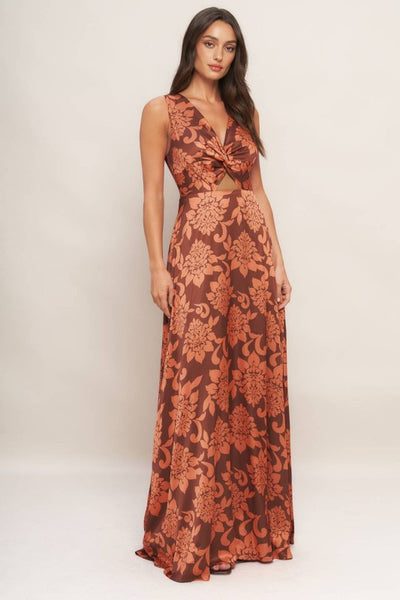 Satin Multi Print Cut Out Maxi Dress