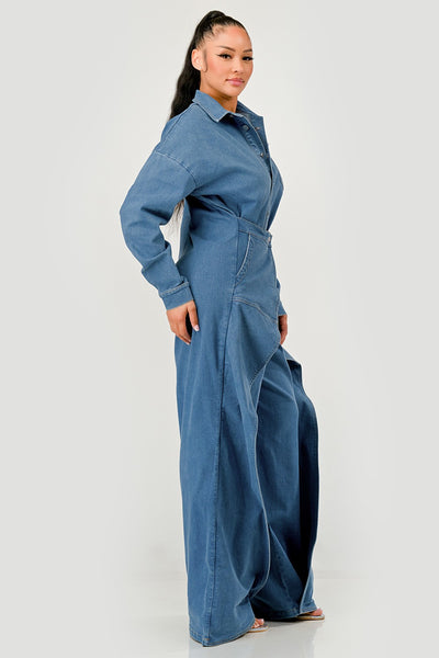 Denim Belted Wide-leg Jumpsuit