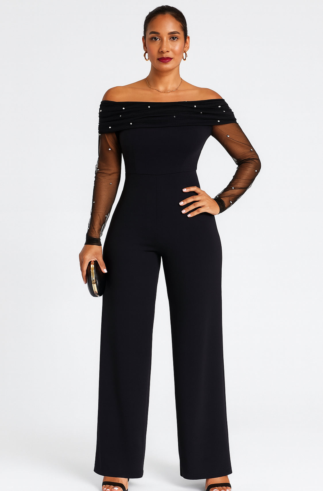 Off-Shoulder Black Mesh Sleeve Jumpsuit
