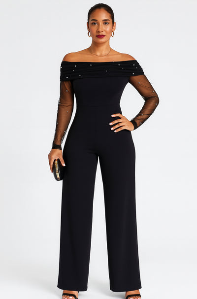 Off-Shoulder Black Mesh Sleeve Jumpsuit