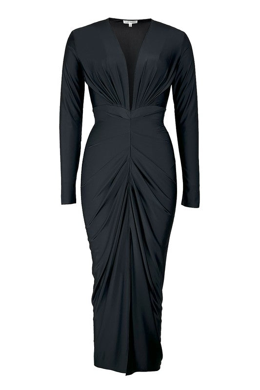Black Draped Long-Sleeve Midi Dress