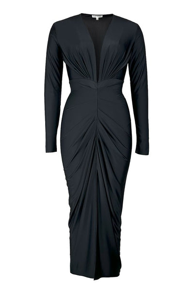 Black Draped Long-Sleeve Midi Dress