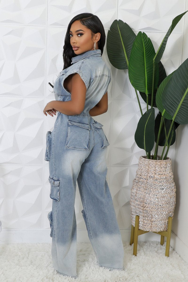 Athena Short Sleeve Cargo Denim Jumpsuit