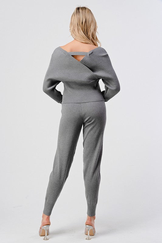 V Neck Knitted Sweater Pant Set