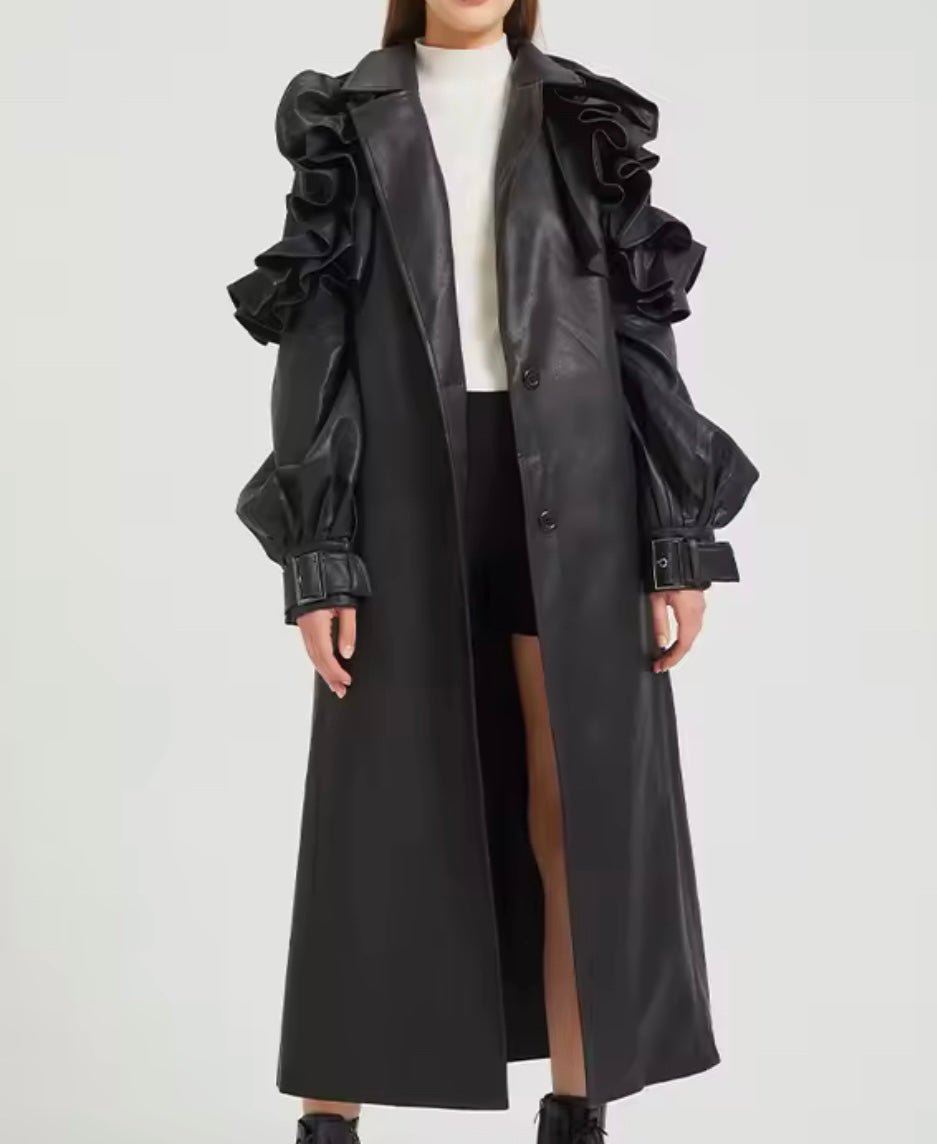 Ruffle Edge Faux Leather Trench Coat