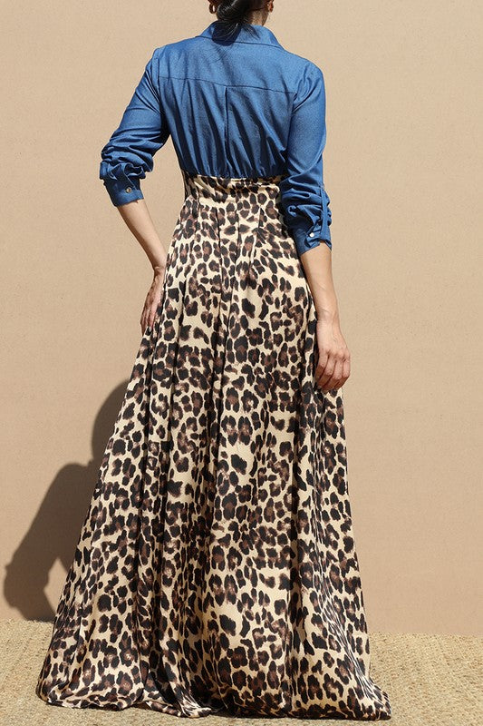 Leopard Denim Button Up Maxi Dress