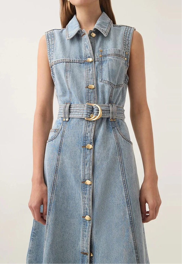 The Olivia Belted Denim Maxi Dress