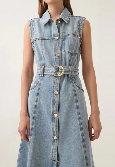 The Olivia Belted Denim Maxi Dress