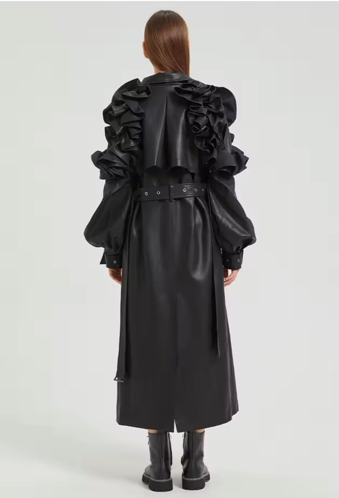 Ruffle Edge Faux Leather Trench Coat