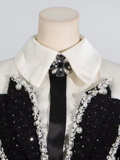 Glamour Noir Pearl-Trim Blazer Dress