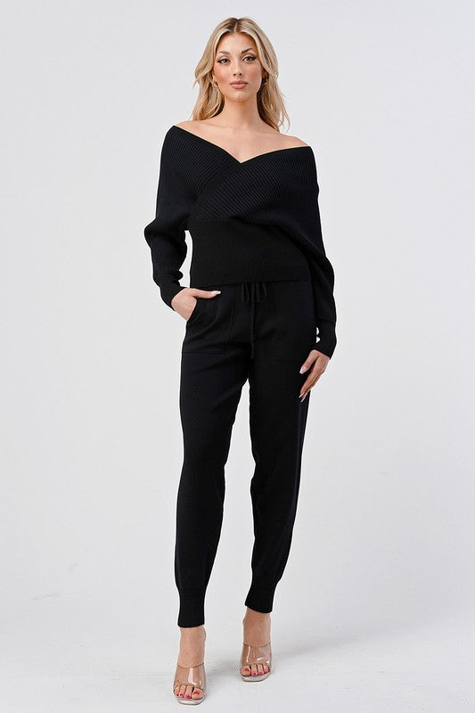 V Neck Knitted Sweater Pant Set