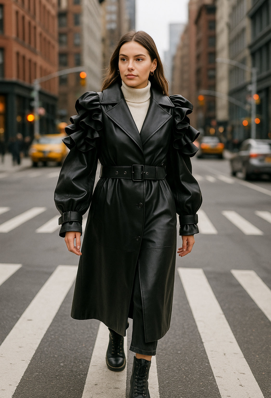 Ruffle Edge Faux Leather Trench Coat