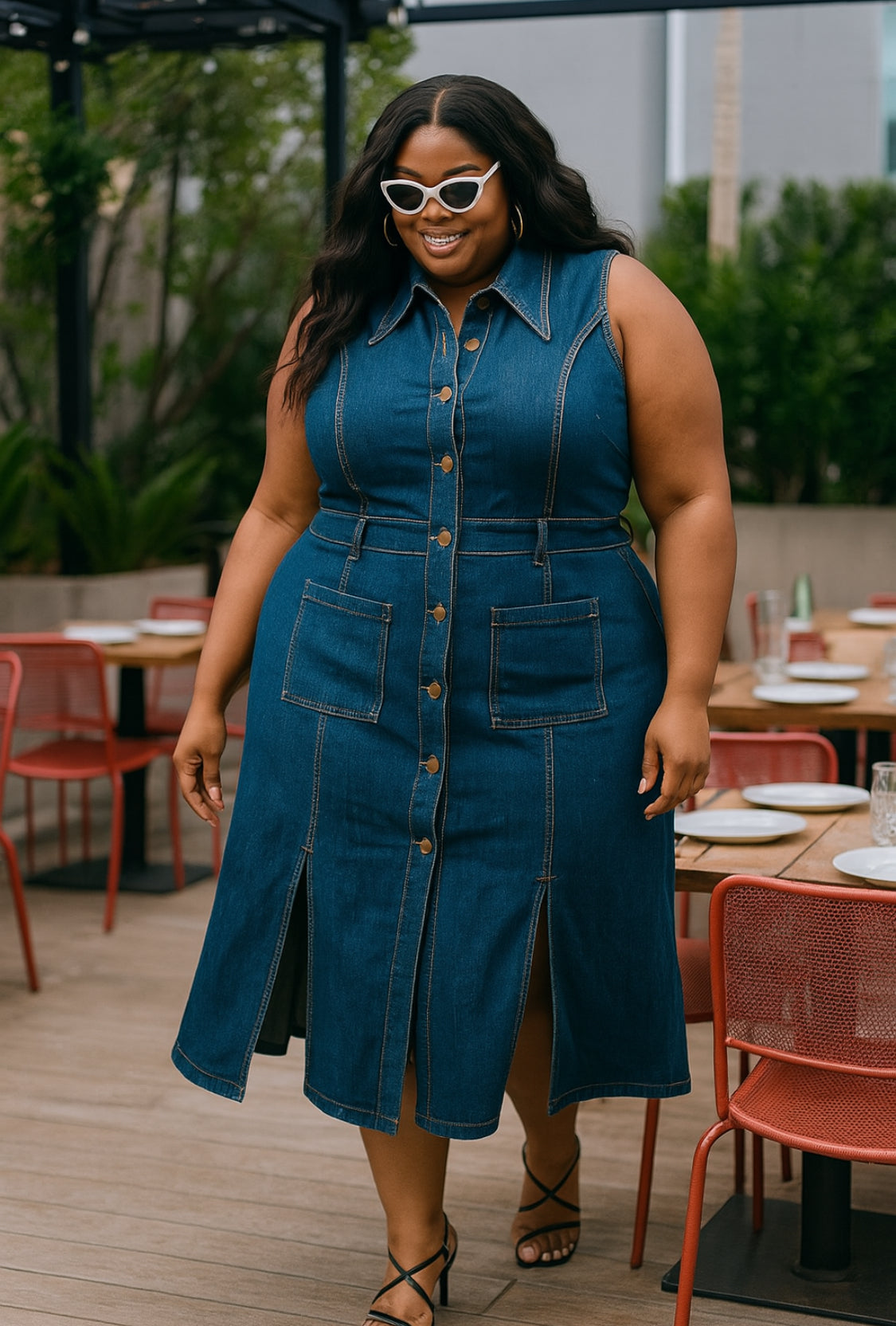 Retro Chic Denim Midi Dress - Plus
