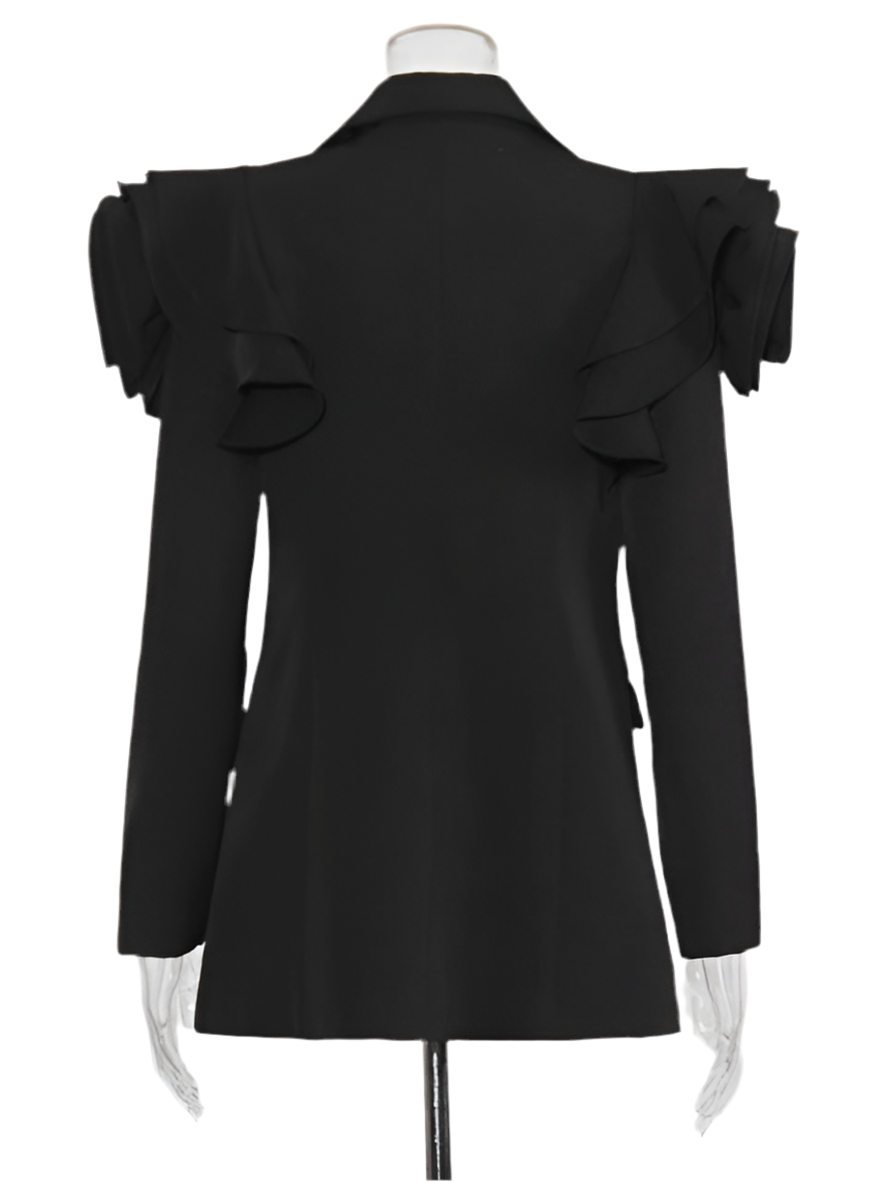 Chic Black Ruffle Shoulder Blazer