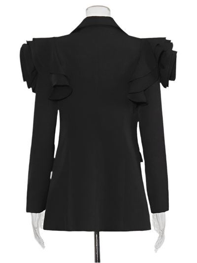 Chic Black Ruffle Shoulder Blazer