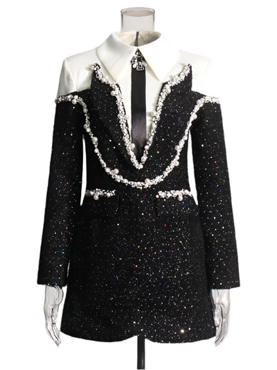 Glamour Noir Pearl-Trim Blazer Dress