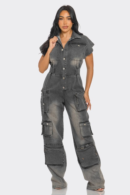 Athena Short Sleeve Cargo Denim Jumpsuit