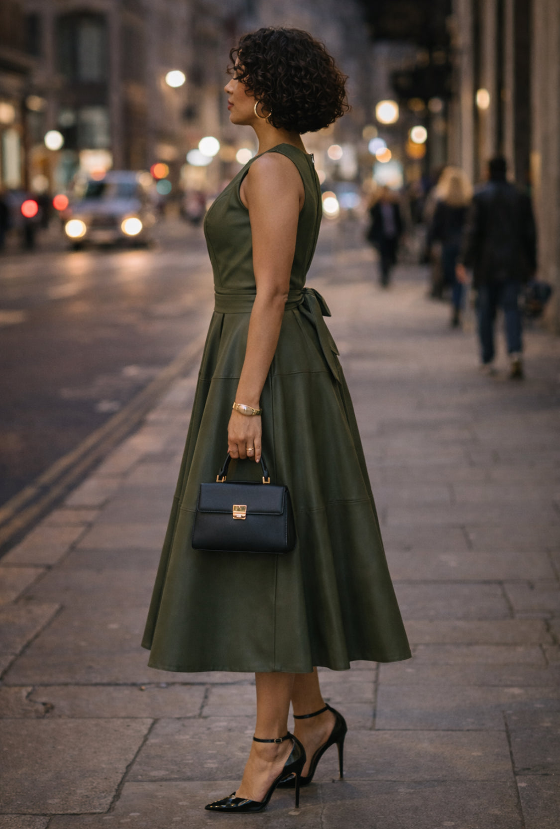 Olive Green Faux Leather Sleeveless Midi Dress Large by Moody Fitzs Boutique