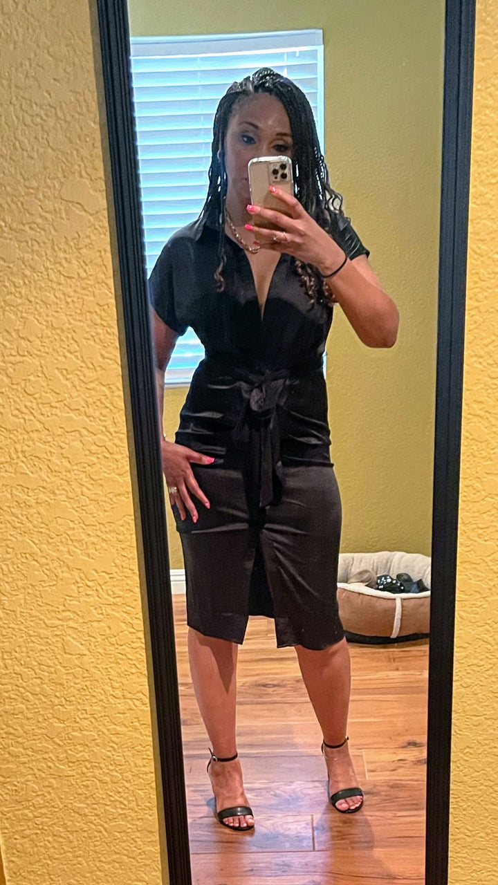Luna Button Down Satin Shirt Dress - Black