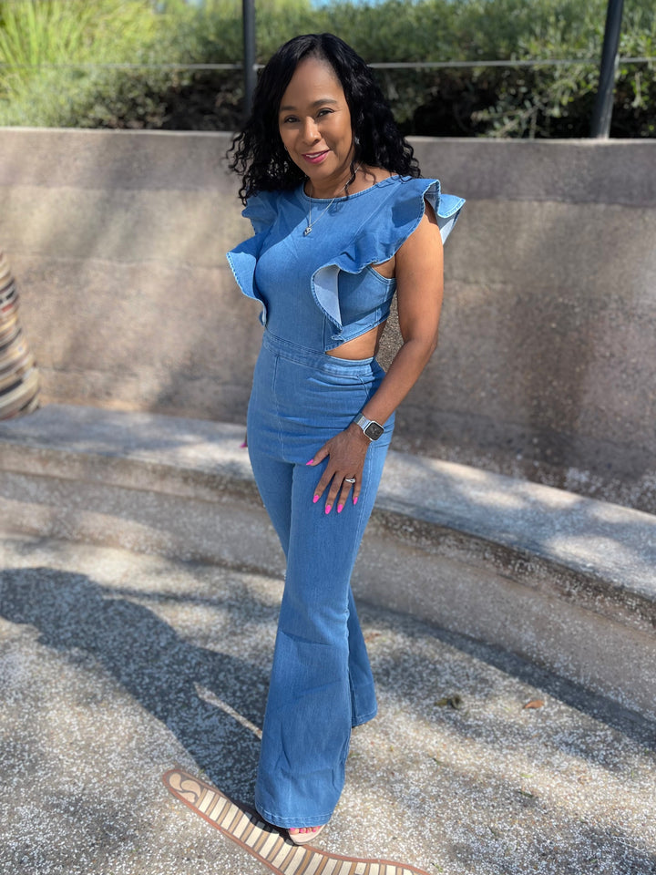 Tamara Denim Ruffle Strap Flare Leg Jumpsuit