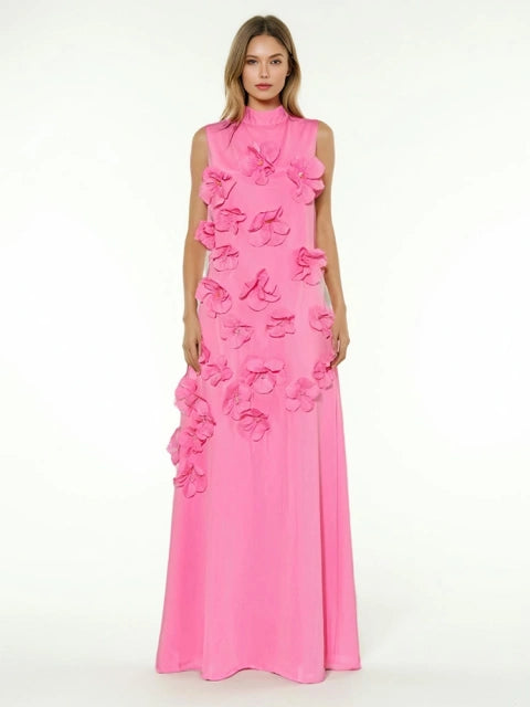 3D Floral Appliqué Sleeveless Maxi Dress