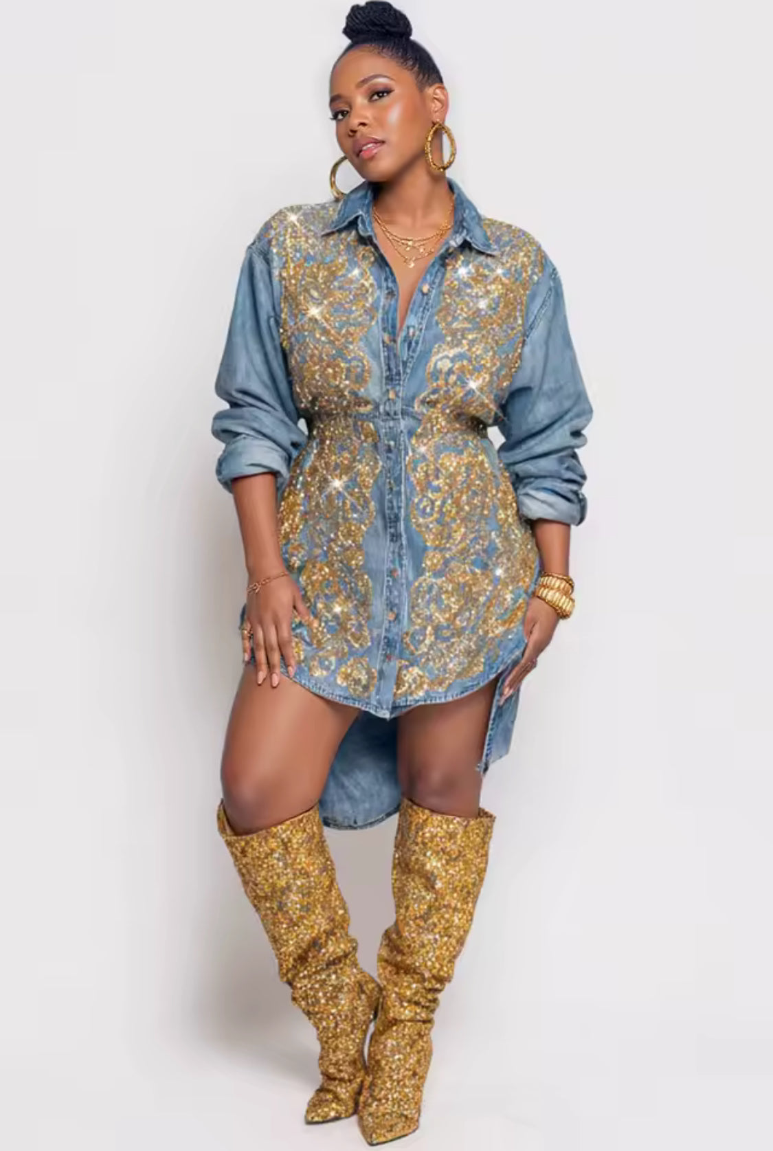 Golden Glam Denim Sequin Shirt Dress