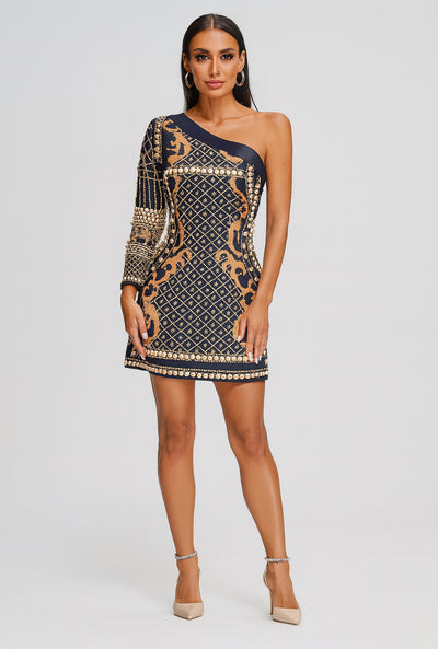 Baroque Elegance One-Shoulder Mini Dress