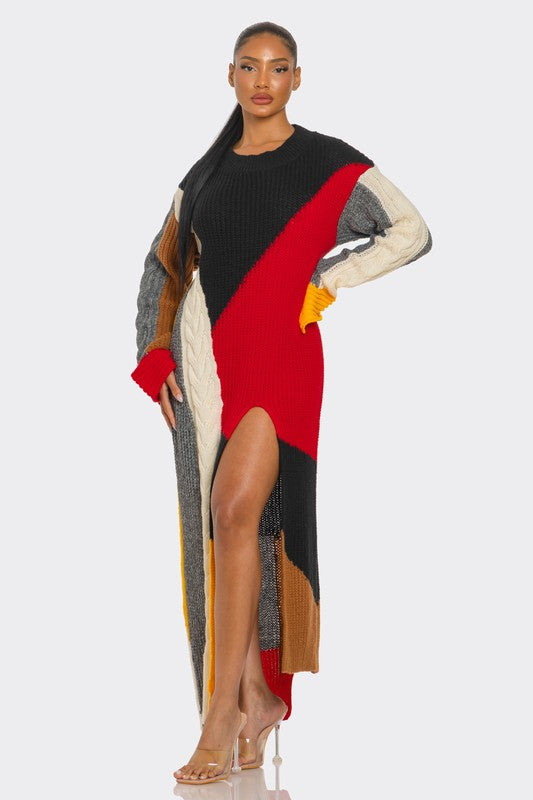 Jamison Color Block Maxi Sweater with Front Slit